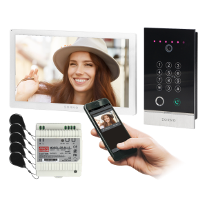 GUARDO single family video doorphone set, 4-wires, touchscreen LCD 10" monitor, fingerprint reader, proximity reader and code lock, App-controlled, flush mounted, white